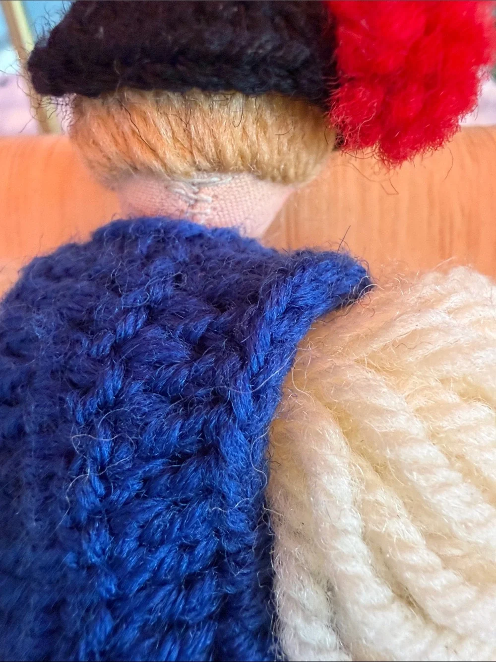Handmade Blue & Red Yarn Folk Doll Pair with Yellow Accents